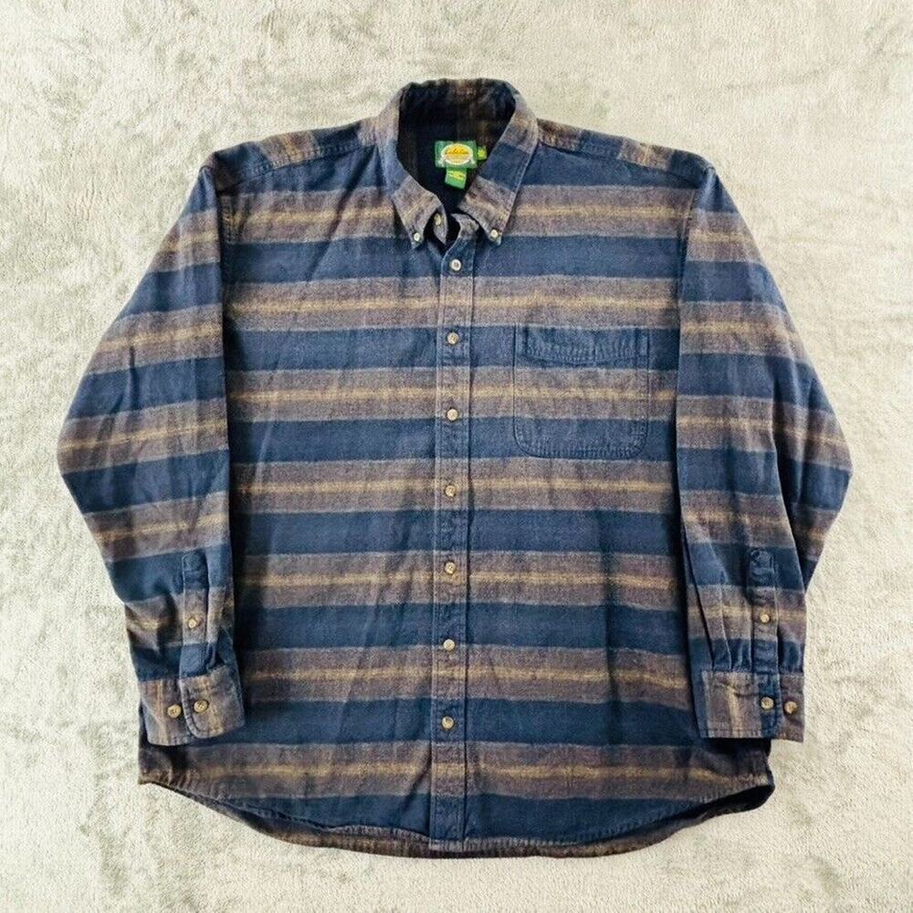 Cabelas Chamois Shirt Mens 2XL Tall Navy Brown‎ Stripe Long Sleeve Heavyweight